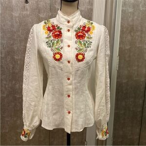 Chernikova 100% linen Embroidered Floral Button-Up Blouse, XS